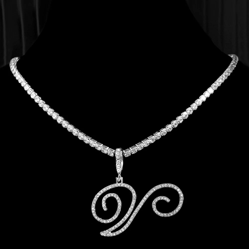 Cubic Zirconia V Letter Pendant Necklace