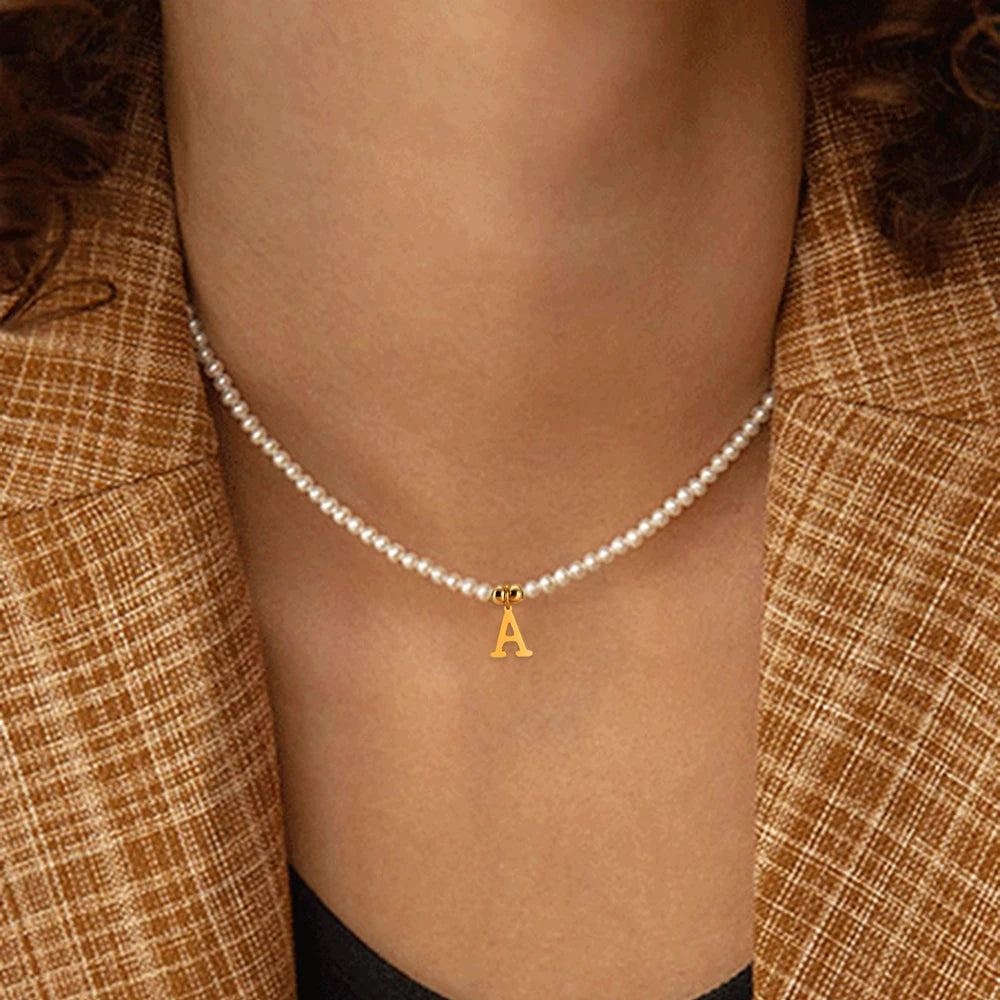 Woman Wearing Initial Pearl DIY Letter Necklace